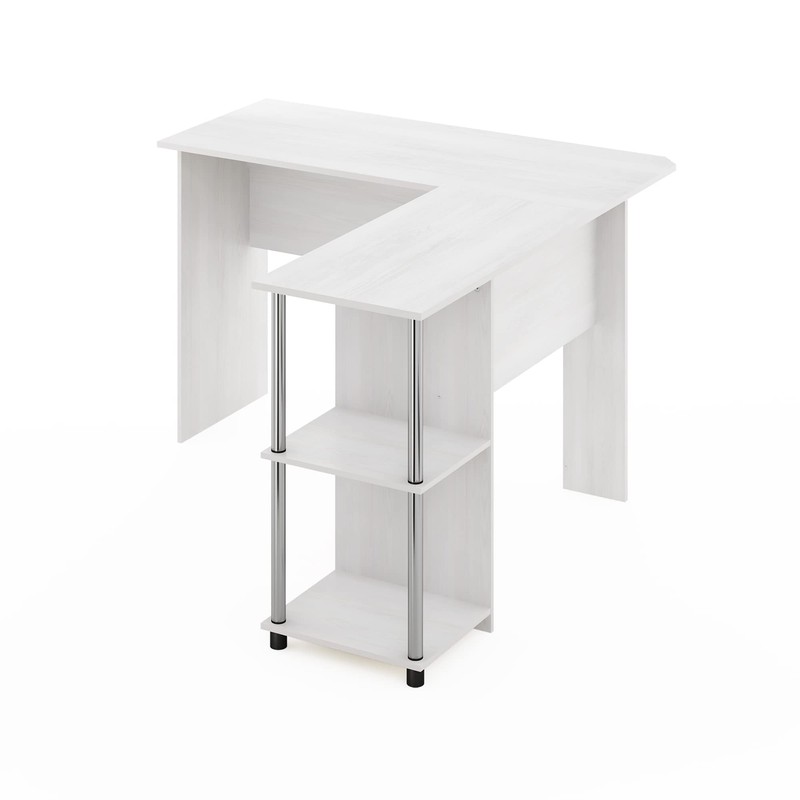 Furinno Abbott L-Shape Computer Desk with Stainless Steel Tubes Bookshelf,