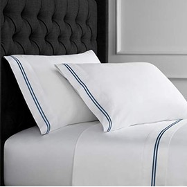 Melange Home 600 Thread Count Sateen 100% Cotton 2 Stripe Embroidery, Twin Sheet Set, Navy on White