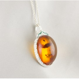 Sterling Silver Baltic Amber Necklace, Green Enamel Handmade Pendant