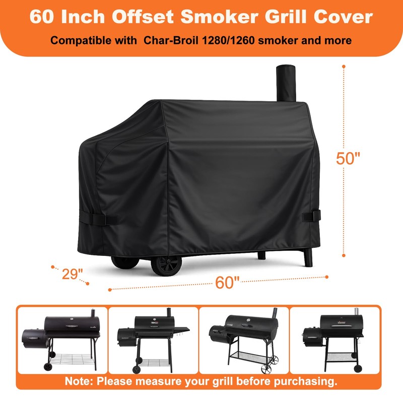 60" Offset Smoker Grill Cover for Char-Broil 1280/1260, Brinkmann, Weber