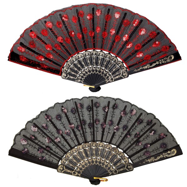 Jetec 2 Pieces Handheld Folding Fan Sequin Fabric Folding Lace