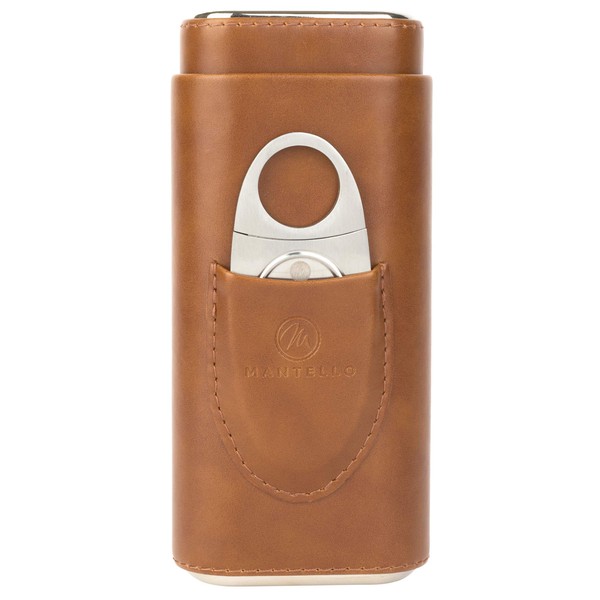 Mantello Cigar Case, Cedar Wood Lined Cigar Case Travel, Cigar Holder Case with Cigar Cutter- Cigar Case for Men, Brown Leather Cigar Case