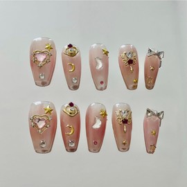 100% Hand-painted Cute Galaxy Medium Length Square Y2K Korean Japanese Douyin Inspired 3D Short Gemstones Durable Reusable Gel Acrylic Press-on Nails 10 pc set (S)