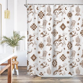 EGLGCC - Cortina de ducha de vaquero occidental azteca, desierto suroeste, cactus bohemio, blanco y dorado, vaca de granja de 60 x 72 pulgadas, tela de poliéster lavable, decoración de baño, 12