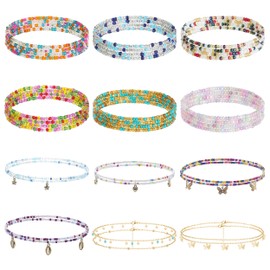 12Pcs Waist Beads for Women, Elastic African Belly Beads Chains, Colorful Layered Waist Chains Bikini Summer Beach Body Chains Jewelry Accessories for Women