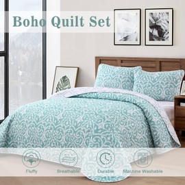 Menghomeus Aqua Quilt Set King Boho Bedspread Coverlet Set 3 Pieces Lightweight Microfiber Bedding Set with 2 Pillow Shams (King Size, 104"x90")