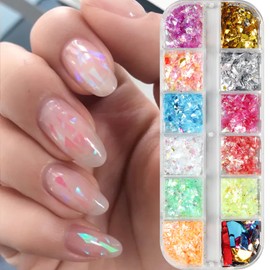 12 Grids Holographic Shell Paper Colorful Nail Art Sequins,Irregular Macron Candy Color Nail Art Flakes Sequins Gradient Bright Ice Slag Nail Sequins Aurora Glitter Powder Sequins for Nail Supplies