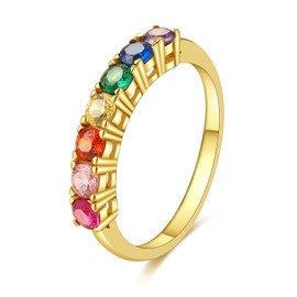 E 14K Gold Women Rings Rainbow Eternity Thumb Rings Band Wedding Rings Round AAA Cubic Zirconia CZ Rings Dainty Colorful Rings for Women (Gold-Square CZ, 9)
