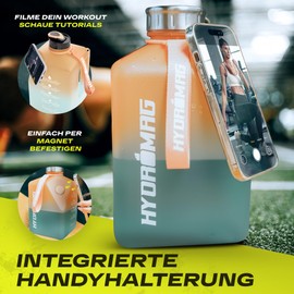 HYDROMAG Trinkflasche 2,7 l - XL Wasserflasche ideal für Sport, Fitness, Yoga & Outdoor inkl. Magnet-Handy-Halterung, BPA-Frei, auslaufsicher & robust (türkis-orange)