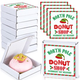 Tioncy 100 Pcs Christmas Mini Donut Boxes 3.54 x 3.54 x 0.78'' Pizza Boxes Christmas Money Box Christmas Flat Cardboard Box with Christmas Sticker for Celebrations Xmas Birthday Valentines Day Wedding