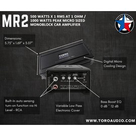 TORO TECH – MR2, 1000 Watts MAX – 500 Watts x 1 RMS 1Ω Stable Micro Sized Monoblock Car Amplifier Sound Quality Class D Design, Built-in Auto Sensing Turn On, Car Amplifier