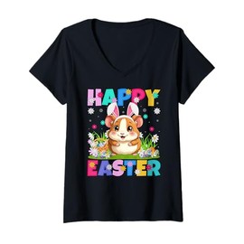 Womens Hamster Happy Easter Egg Hunt Bunny Ear Hamster Easter V-Neck T-Shirt