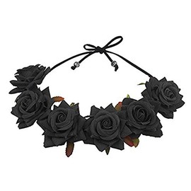 Floral Fall Rose Red Rose Flower Crown Woodland Hair Wreath Festival Headband F-67 (Black)