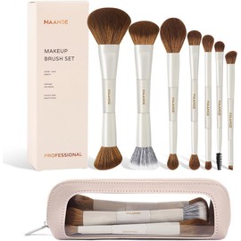 MAANGE 7PCS Brochas para Maquillaje de Doble Punta Profesional Premium, Juego de Brochas de Maquillaje con Bolsa de Cosméticos y Caja de Regalo para Pulir Líquidos,Polvos,Difuminar y Contornear - Blanco