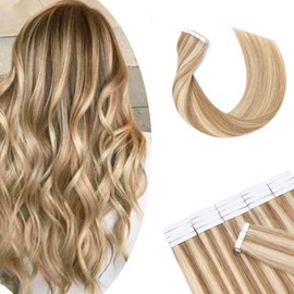 Hairro Tape in Remy Hair Extensions Human Hair, 12 Inch 20pcs 50g Highlight Golden Brown Mix Bleach BlondeLong Straight Seamless Skin Weft Glue in Hairpieces with Invisible Double Sided Tape