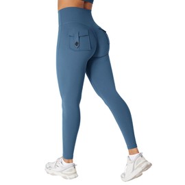 HIGORUN Workout Cargo Leggings with Pockets for Women Hidden Scrunch Butt Lifting Compression Gym Yoga Leggings 2 Pockets Blue S