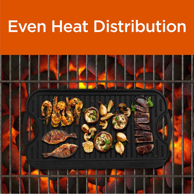 Commercial CHEF Cast Iron Griddle, Reversible Grill Griddle with Dual