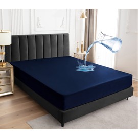 Waterproof Mattress Protector, Fitted Sheet, Breathable, Waterproof Mattress Cover, Moisture Protection, 140 x 200 cm, Dark Blue