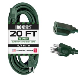 Iron Forge Cable 20 Foot Outdoor Extension Cord, 16/3 Green 20 Foot Extension Cord Indoor/Outdoor Use, 3 Prong, Weatherproof Jacket Extension Cord, Great for Gardens, Landscaping, Lawn Mower and More