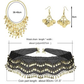 boocooberg 3 Stück Bauchtanz Hüfttuch,Piratenkostüm Damen,Wahrsagerin Kostüm,Bauchtanz Kostüm Ohrringe Kette,Piraten Accessoires Damen,Damen Bauchtanz Schal Mit 128 GoldmüNzen für Bauchtanz Karneval