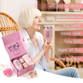 Gifts for Mom, Mother's Day Gift for Mom from Daughter Son, Birthday, Thanksgiving Day, Christmas Gifts for Mother, Care Package, Gift Basket with Canvas Tote Bag Sock Tumbler Soap Flower