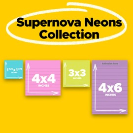 Post-it Super Sticky Notes, 4 Sticky Note Pads, Multi-Size, School Supplies, Office Products, 2X the Sticking Power, Supernova Neons Collection