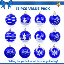JOIEDOMI 12 Pcs Christmas Blue and White Ball Ornaments, 2.3” Delicate Painting & Glittering Christmas Tree Decoration, Assorted Shatterproof Ball Ornament for Indoor Decor Holiday Party Supplies