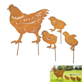 ZAHD Pack of 4 Garden Decoration Chickens Chicken Family Rust Stakes Chickens Garden Decoration Chickens Cute Metal Chickens Garden Decoration Patina Rusty Hen with 3 Chicks Rust Metal Weatherproof