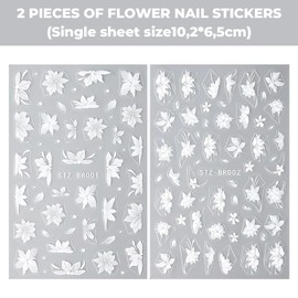 Barlone 3D Weiß Blumen Nail Sticker, 2 Blatt Nagelsticker Selbstklebend, Nagelsticker Blume Nail Art Stickers, Nageldesign Zubehör Nagelaufkleber für DIY Nailart Dekorationen