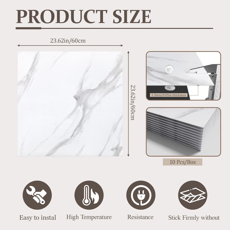 DEXDE Peel and Stick Floor Tile White Marble Waterproof 2FTx2FT