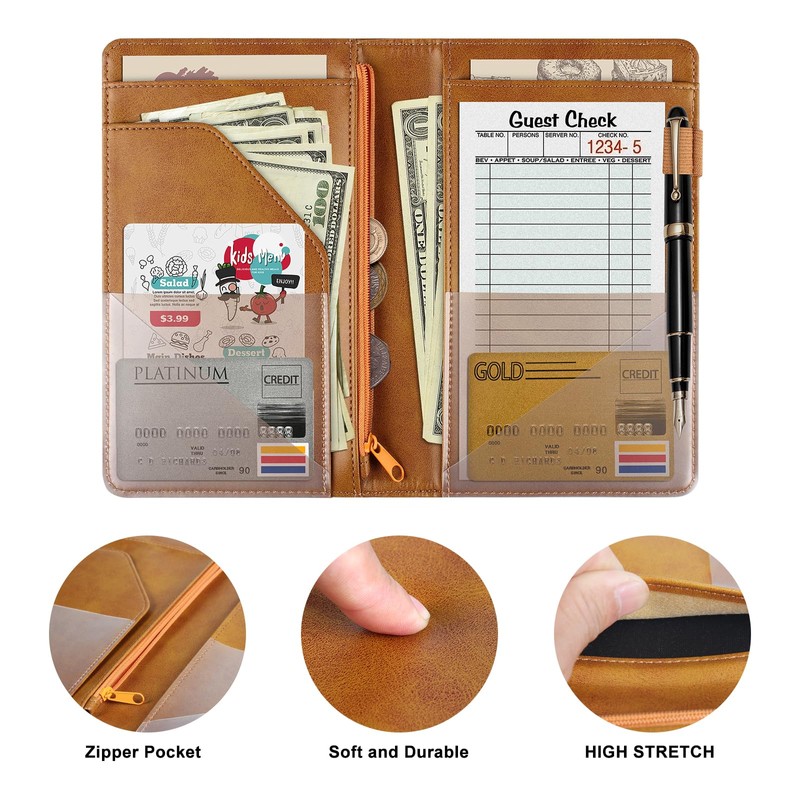 EcoVision Server Books for Waitress,Leather Waiter Book with Zipper Pocket,