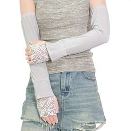 Grey UV Protection Arm Sleeves, Elastic Sleeves to Cover Arms for Women, Long Fingerless Sleeve with Lace Cuffs for Sport Outdoor Costume Accessories