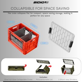SIDIO Full-Size Collapsible Crate - Heavy Duty Stackable Storage Bin with Lid & 2 Short-Ways Dividers, Durable Plastic Organizer for Home, Office, Garage & Outdoor Use (Black)