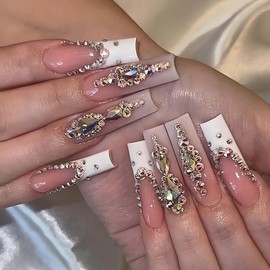 BABALAL Long Nails Press on Square Fake Nails White French Tip Glue on Nails with Charm Rhinestone Luxury Bling Acrylic Nails Squoval Full Cover False Nails 24pcs Glossy Thick Nail Tip for Women Girls