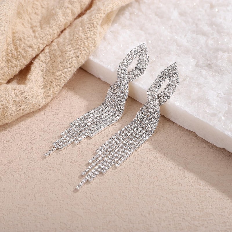 Xerling Rhinestone Tassel Earrings Sparkling Silver Chandelier Fringe Bridal Earrings