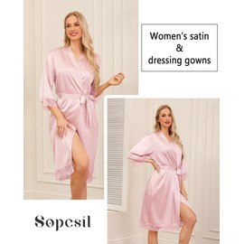 Sopesil Women's Satin Dressing Gowns Lightweight Ladies Kimono Morning Robes for Women Bridal Lace Soft Sleepwear Loungewear, Pink, S