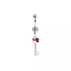 Luxe Modz Belly Navel Dangle Ring Key with Red Rose and CZ Gem Design 14g