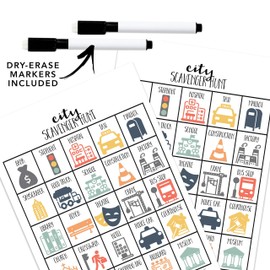 Craftivity Designs City Scavenger Hunt Games for Kids, Outdoor or Indoor, Birthday Party, Road Trip, Travel Activities, 10 Dry Erase Markers and Cards, Educational Family Game Night