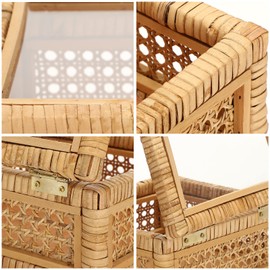 Set of 2 Boho Rectangular Rattan Decorative Boxes with Glass Lids Woven Cane and Rattan Display Boxes with Lids Storage Basket Bins for Home Decor (15.4 x 9.5 x 7.1 Inch, 12.6 x 6.7 x 4.3 Inch)