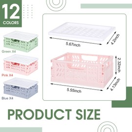 Hushee 12 Pcs Mini Pastel Plastic Storage Baskets with Lids Small Collapsible Crates Mini Mesh Storage Bins Folding for Bedroom Pencils Office Desktop Drawer Organizer 5.55 x 4.13 x 2.32 in