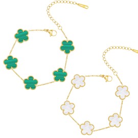 Fonyiunce Pack of 2 Four Leaf Clover Bracelet, Lucky Bracelet Women, Luxury Lucky Bracelet, 18K Gold Plated Clover Bracelet, Daen Rm, for Women and Girls (White and Green)
