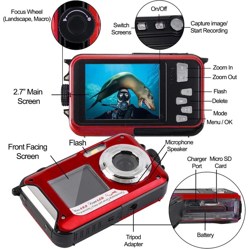 Acuvar 48MP Megapixel Waterproof Dual Screen Full HD 1080P Digital