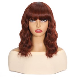 Apoze Short Wig With Bangs For Women,Synthetic Cosplay Bob Wigs,Curly Hair Wigs For Daily Party Use,Natural Looking Heat Resistant Shoulder Length(Auburn Copper Highlight)