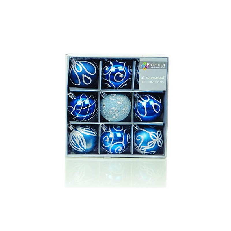 Set of 9 Midnight Blue Christmas tree baubles, Plastic, 6cm