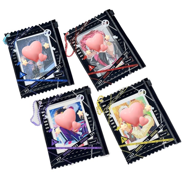 4pcs Zipper Photocard Holder Keychain, Kawaii Caution Photo Badge Cover,