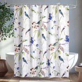 Hykiee Shower Curtain, Flowers, Bird, White Rustic Vintage Shower Curtain, Shower Curtain, Anti-Mould, Waterproof, Polyester, Washable, Modern Bathroom Curtain with 12 Hooks, for Bathroom Decoration