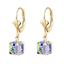 Austrian Crystal Cube Drop Earrings for Women Leverback Dangle Earrings 14K Gold Plated Hypoallergenic Jewelry (Aurora Borealis)