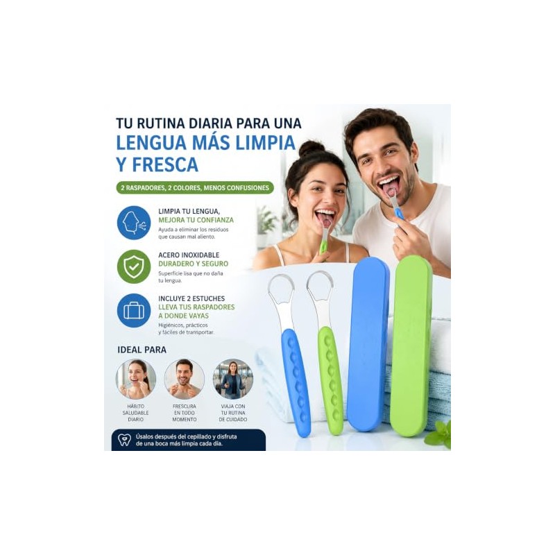 Limpiador de Lengua, 2 de Acero Inoxidable con Estuches (Azul;
