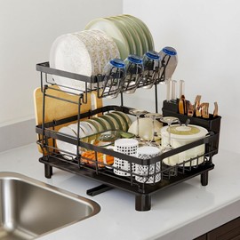 2-Tier Large Dish Drying Rack for Kitchen Counter, Extra Capacity Dish Drainer with Utensil Holder, Cup Hooks, and Cutting Board Rack, Removable Tray for Easy Drainage (Black)