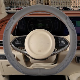 Binsheo Nappa Leather Gray D Shape Steering Wheel Cover, Advanced Microfiber Leather Non-Slip Breathable Fabric, Warm in Winter and Cool in Summer, Universal 15 inch